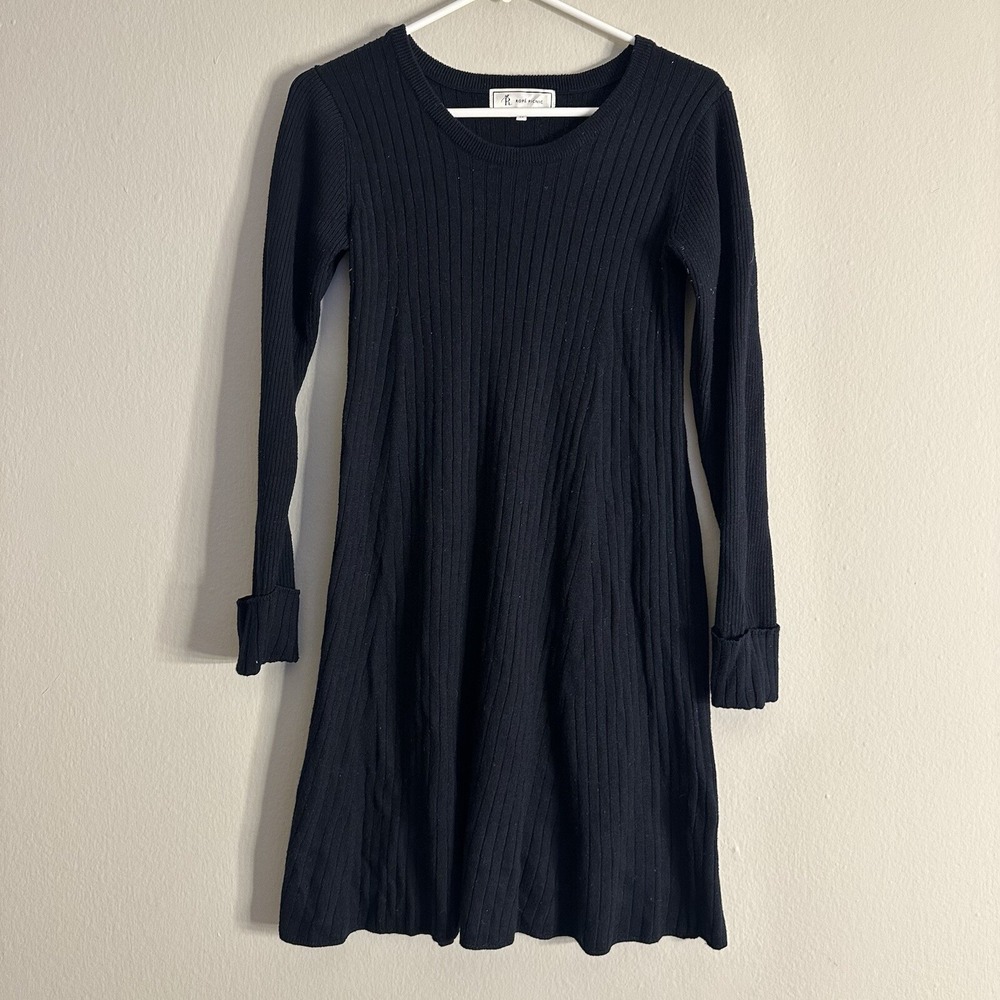 Rope Picnic Knit Dress Long Length Sleeve Crew Neck Plain 38‎ Navy Blue